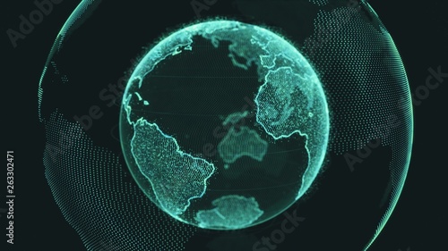 Earth rotating loop of rotating glowing dots stylised world globe with orbits