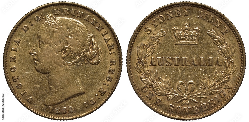 Ταπετσαρία Australia Australian golden coin 1 one sovereign 1870, young head of Queen Victo