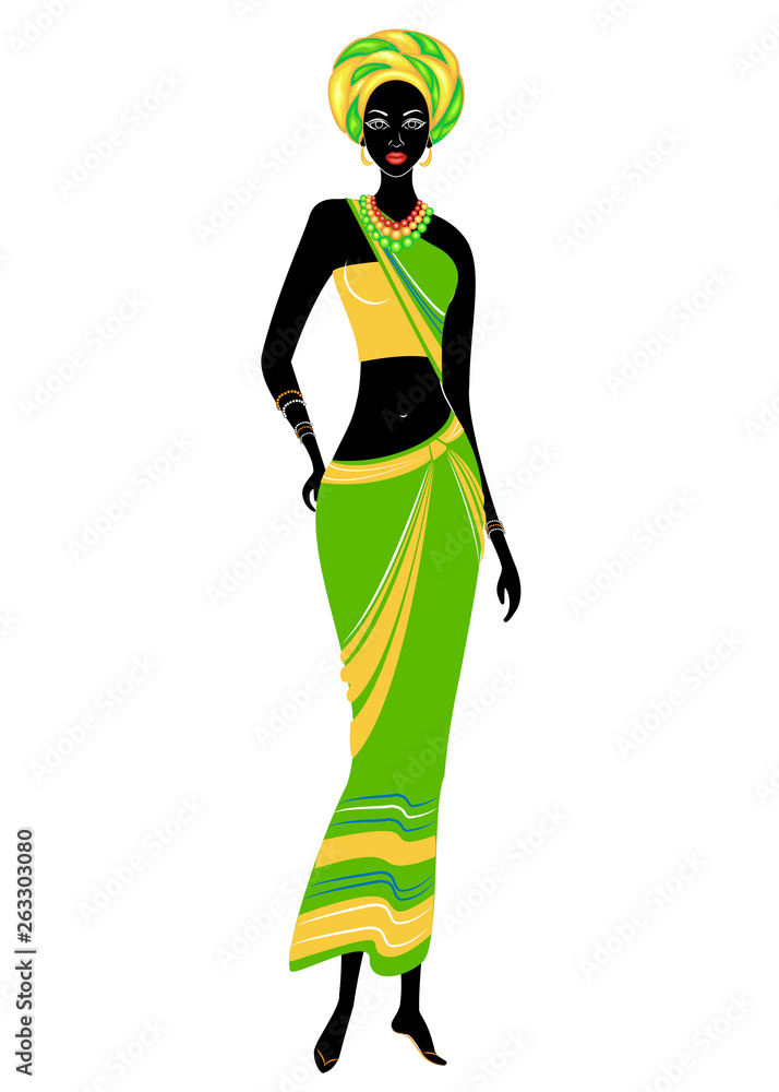Slender beautiful African-American lady. The girl has bright clothes, a turban on her head. The woman is slender and beautiful. Vector illustration Slender beautiful African-American lady. The girl has bright clothes, a turban on her head. The woman is slender and beautiful. Vector illustration