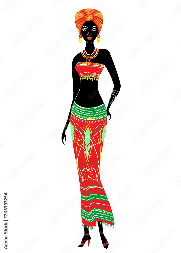 Slender beautiful African-American lady. The girl has bright clothes, a turban on her head. The woman is slender and beautiful. Vector illustration