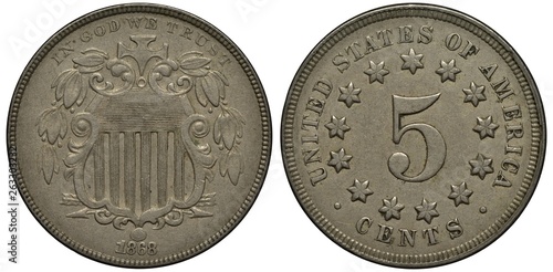 United States US coin 5 five cents 1868, shield with thirteen stripes, digit of value surrounded by thirteen stars, photo