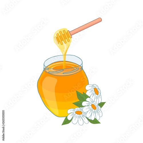 Jar of honey with chamomile. Colorful poster. Hand drawn vector illustration.
