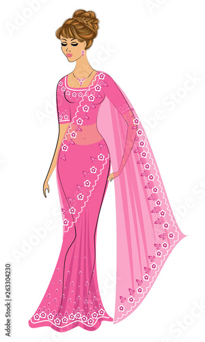 Silhouette is a sweet lady. The girl is dressed in a traditional sari, national Indian clothes. Young and beautiful woman. Vector illustration