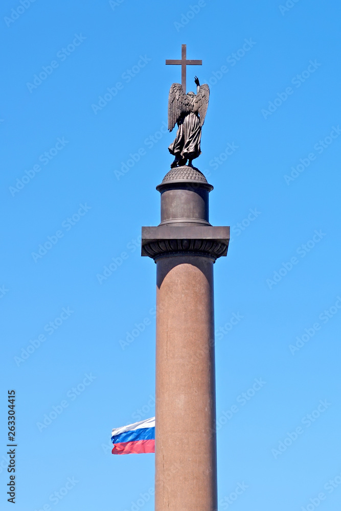 Alexander Column and Russian flag. St. Petersburg