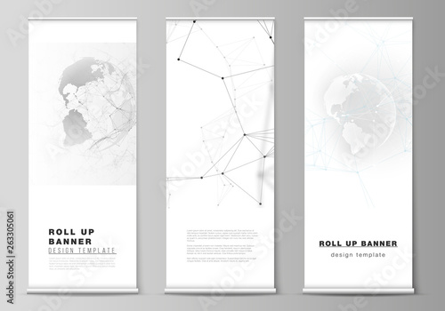Vector layout of roll up banner stands, vertical flyers, flags design business templates. Futuristic design with world globe, connecting lines and dots. Global network connections, technology concept.