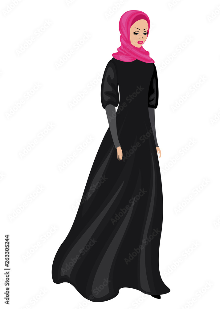 Silhouette of a sweet lady. The girl wears traditional Muslim women's clothing, hijab. A young and beautiful woman. Vector illustration Silhouette of a sweet lady. The girl wears traditional Muslim women's clothing, hijab. A young and beautiful woman. Vector illustration