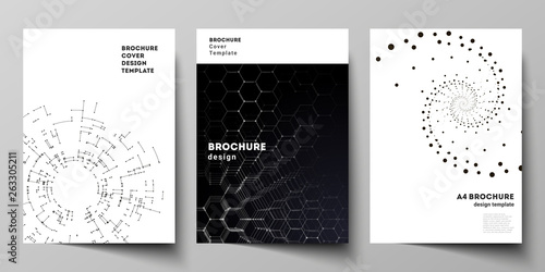 Vector layout of A4 format modern cover mockups design templates for brochure, magazine, flyer, booklet, annual report. Technology, science, future concept abstract futuristic backgrounds.