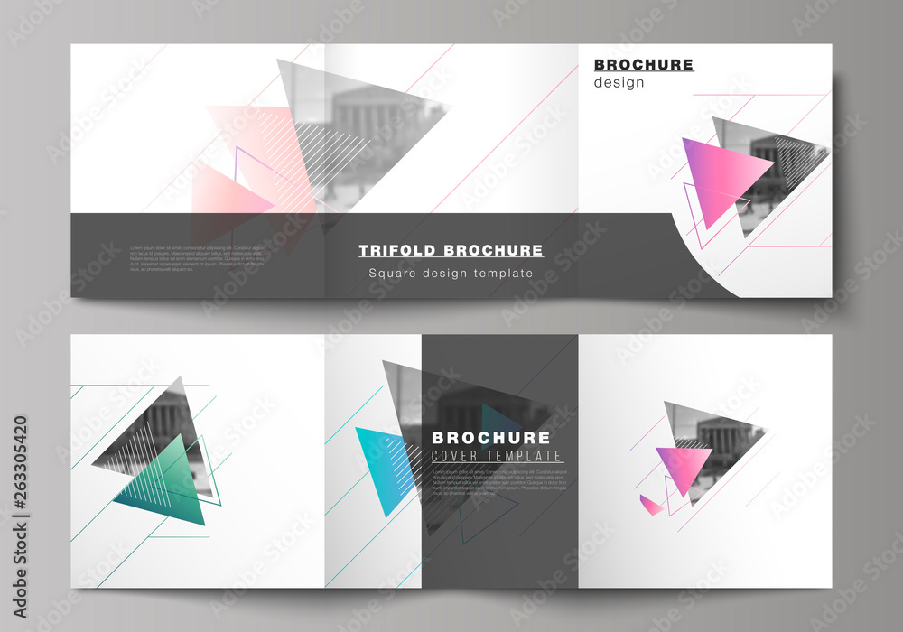The minimal vector editable layout of square format covers design templates for trifold brochure, flyer, magazine. Colorful polygonal background with triangles, modern memphis pattern. The minimal vector editable layout of square format covers design templates for trifold brochure, flyer, magazine. Colorful polygonal background with triangles, modern memphis pattern.