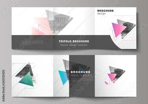 The minimal vector editable layout of square format covers design templates for trifold brochure, flyer, magazine. Colorful polygonal background with triangles, modern memphis pattern.