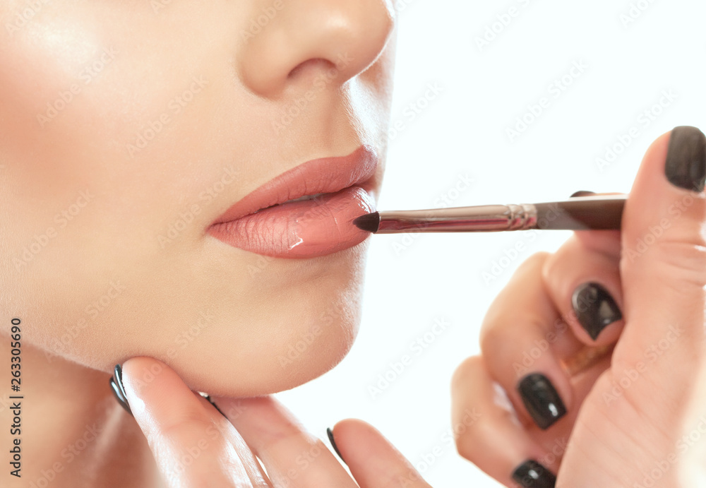 The make-up artist paints the lips of a beautiful woman,  completes the day's make-up in the beauty salon. Professional skin care.