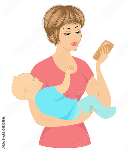 Silhouette of a cute lady. Young and beautiful woman with a child. The girl holds in her hand and looks at the phone. Vector illustration