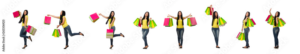 Woman with shopping bags isolated on white