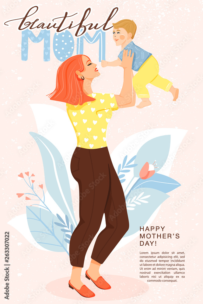Obraz premium Happy mother’s day greeting card. Beautiful mother with son flowers and stylish lettering. Mom holds child in her arms. Design for banner, posters, cards etc. Vector illustration.