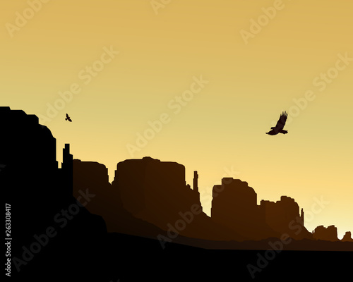 Western desert. Rocks. Flying eagles. Yellow sky.