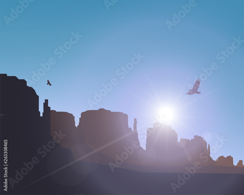 landscape background. Western desert. Rocks. Flying eagles. Blue sky. Rays of sun.