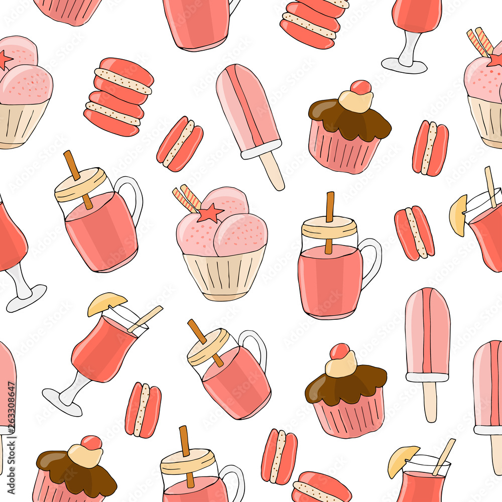 Vector seamless background. A set of drinks, pastries and sweets. Design for fabrics, textiles, paper, wallpaper, web. Retro. Vintage style. Vector seamless background. A set of drinks, pastries and sweets. Design for fabrics, textiles, paper, wallpaper, web. Retro. Vintage style.