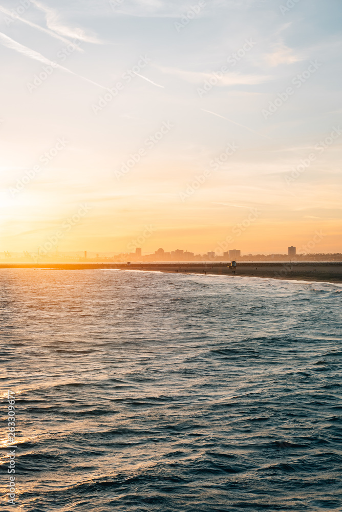 Sunset over the Pacific Ocean in Seal Beach, California