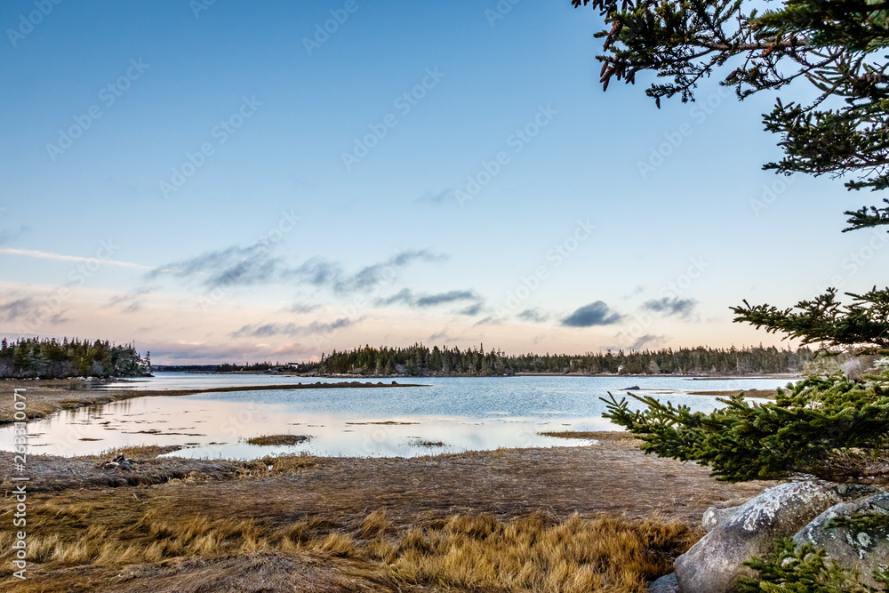 Seascape lighthouse coastal shoreline images of Cape Island, Nova Scotia Canada.