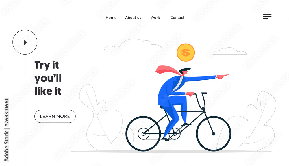 Fototapeta premium Creative Solutions Business Banner Concept. Businessman Character Driving Bike. Symbol of Company, Managing, Leadership, Innovation, Finance Website, Landing Page. Vector flat cartoon illustration
