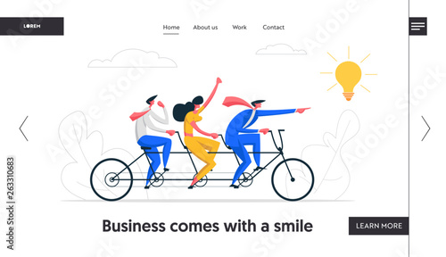 Creative Idea Teamwork Banner Concept. Business Team Riding Tandem Bicycle. Businessmen Characters on Bike. Cooperation Leadership Metaphor Website Landing Page. Vector flat cartoon illustration