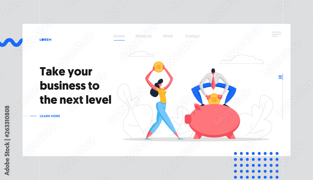 Money Saving Concept Banner with Business People Characters and Piggy Bank. Financial Savings Profit, Salary Investment with Businessman Coins in Moneybox Website Landing Page. Vector illustration
