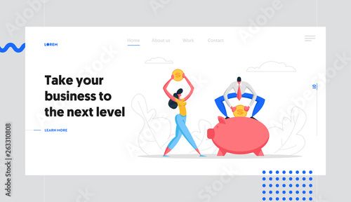 Money Saving Concept Banner with Business People Characters and Piggy Bank. Financial Savings Profit, Salary Investment with Businessman Coins in Moneybox Website Landing Page. Vector illustration