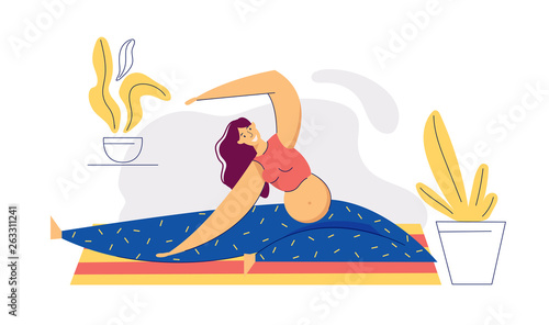 Pregnant Woman Doing Exercises. Young Pregnancy Mother Aerobics Stretching. Sport Healthy Lifestyle Maternity Concept. Pregnant Girl with Belly Training. Vector flat cartoon illustration
