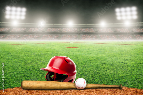 Baseball, Bat and Helmet on Field in Outdoor Stadium With Copy Space