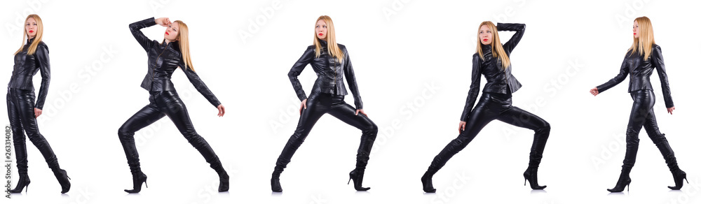 Dancing woman in black leather costume Dancing woman in black leather costume
