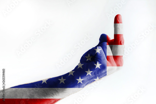 Mature American Flag Painted Male Hand Shows Sign photo