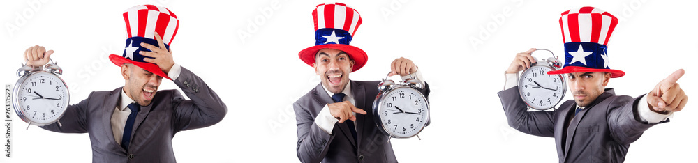 Man with american hat in time management concept Man with american hat in time management concept