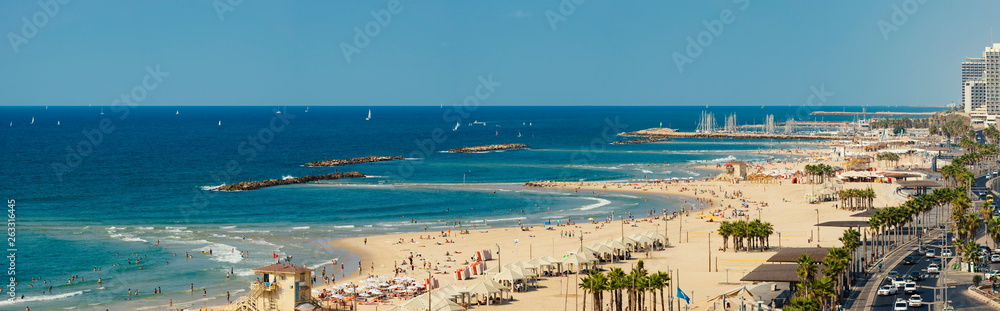 Panoramic view of the Tel-Aviv beach on Mediterranean sea, Israel