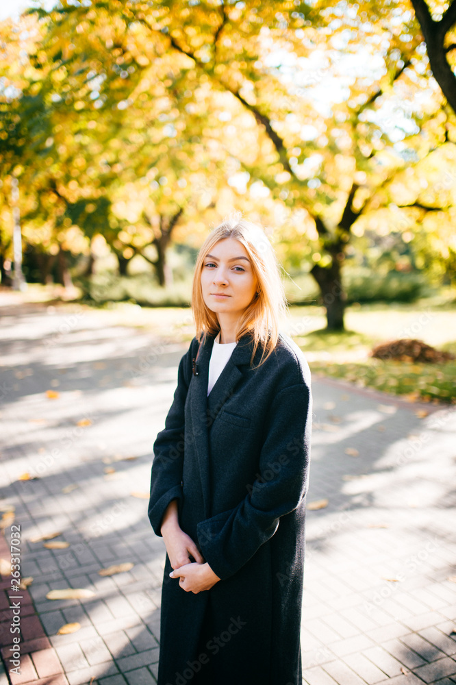 Beautiful lady walking along the alley with autumn trees Beautiful lady walking along the alley with autumn trees