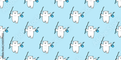 Bear seamless pattern polar bear vector fishing cartoon scarf isolated tile wallpaper repeat background illustration doodle blue