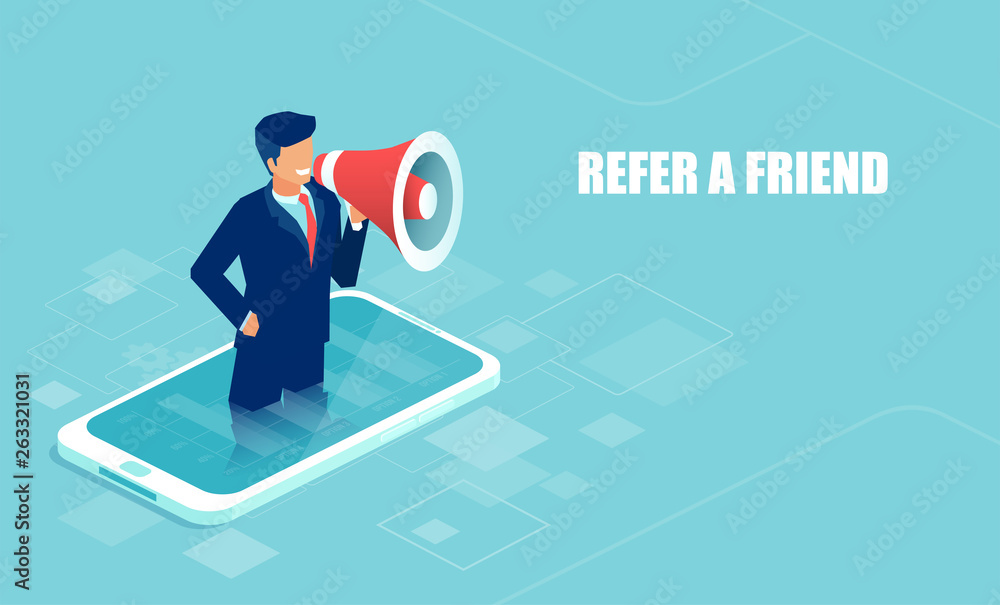 Vector of a businessman shouting in a megaphone using mobile app platform