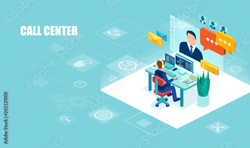 Vector of a male operator with headset working in the office assisting a client