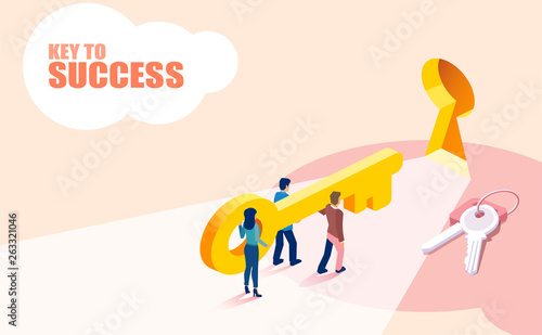 Isometric vector of group of people business team lifting key to success.