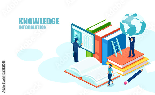 Isometric concept of online global education training courses, and digital library.