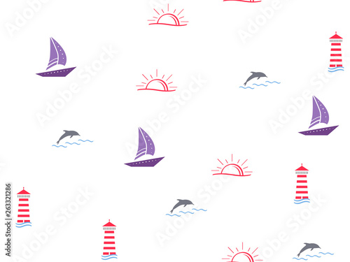 Marine, ship, sun, summer seamless pattern. Yachts, sailboat, boats, dolphins, cute doodle baby elements. Sea summer background. Childish background for fabric, baby clothes, Hand drown elements