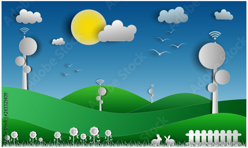 Cellular wireless tower. Satelite antena mobile in countryside