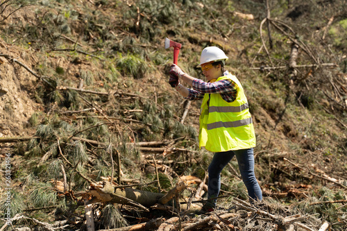 Mujer leñadora en tala de bosque