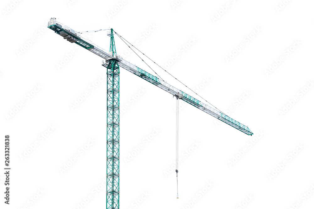 High-rise building crane with a long arrow of yellow color on a white background above a concrete building under construction with brick walls High-rise building crane with a long arrow of yellow color on a white background above a concrete building under construction with brick walls