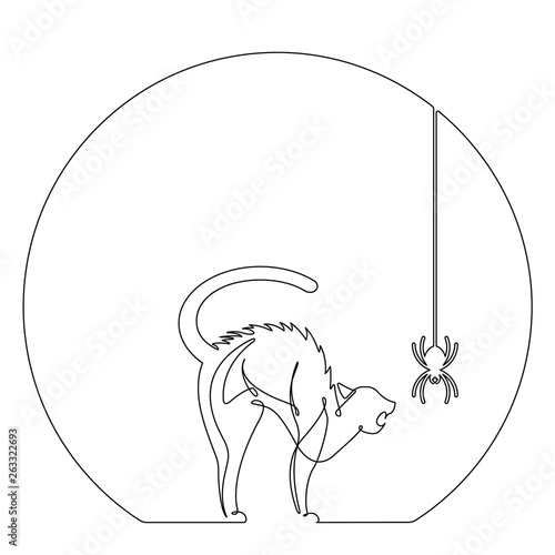 Continuous Line Scared Cat Vector Halloween Cartoon