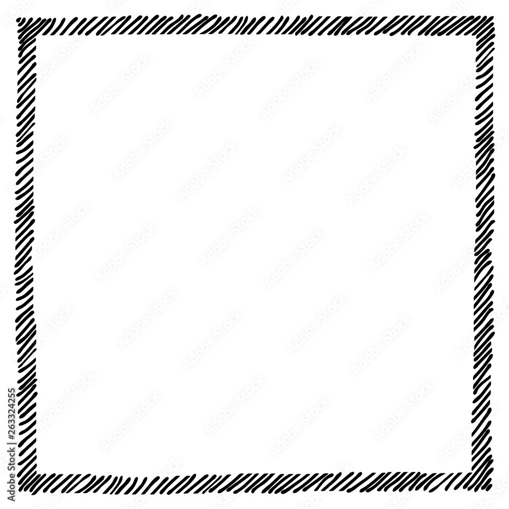Scribble hatching along the rim frame square. Hand drawn symbols. Sketches shaded and hatched badges and stroke shapes. Monochrome vector design elements. Isolated illustration.
