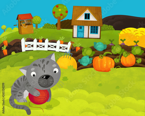 cartoon happy and funny farm scene with happy cat - illustration for children