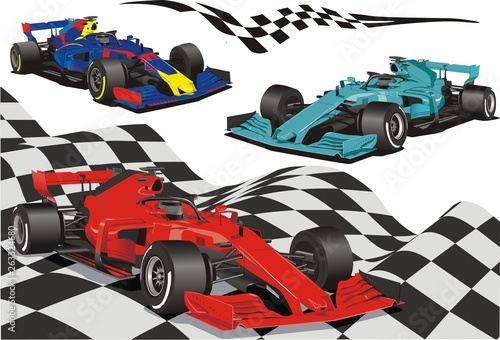 Racing cars on the background of the checkered flag.