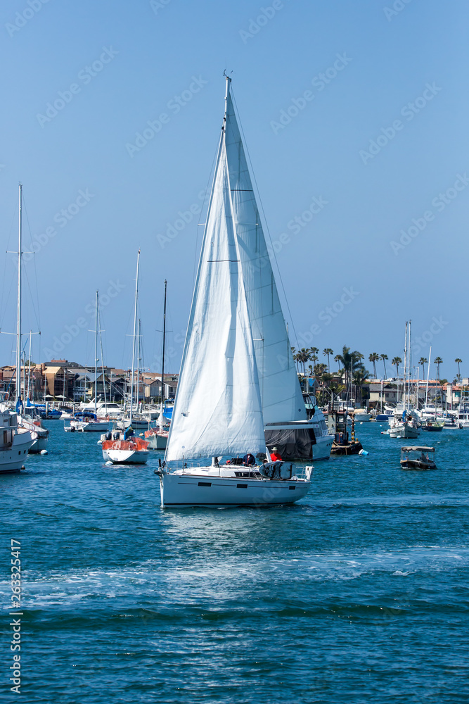 Sailboat floats through the bay heading for open water