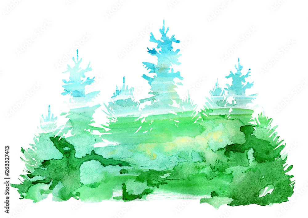 Spruce border.Coniferous forest.Silhouette of fir trees.Watercolor hand drawn illustration.White background.