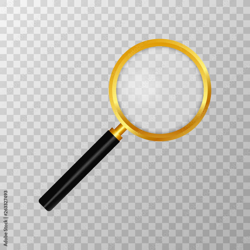 Realistic magnifying glass on transparent background. Search and inspection symbol. Bussiness concept. Sciene or school supplies. Vector illustration Realistic magnifying glass on transparent background. Search and inspection symbol. Bussiness concept. Sciene or school supplies. Vector illustration