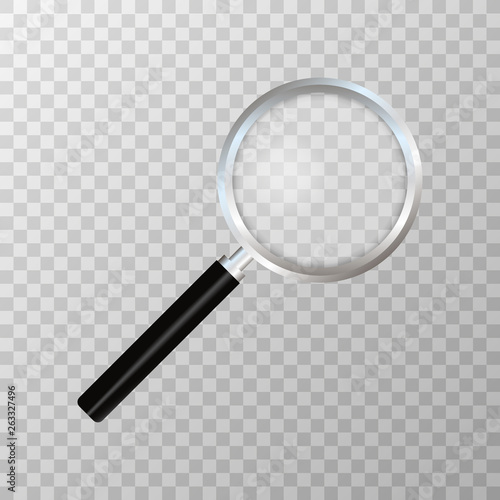 Realistic magnifying glass on transparent background. Search and inspection symbol. Bussiness concept. Sciene or school supplies. Vector illustration